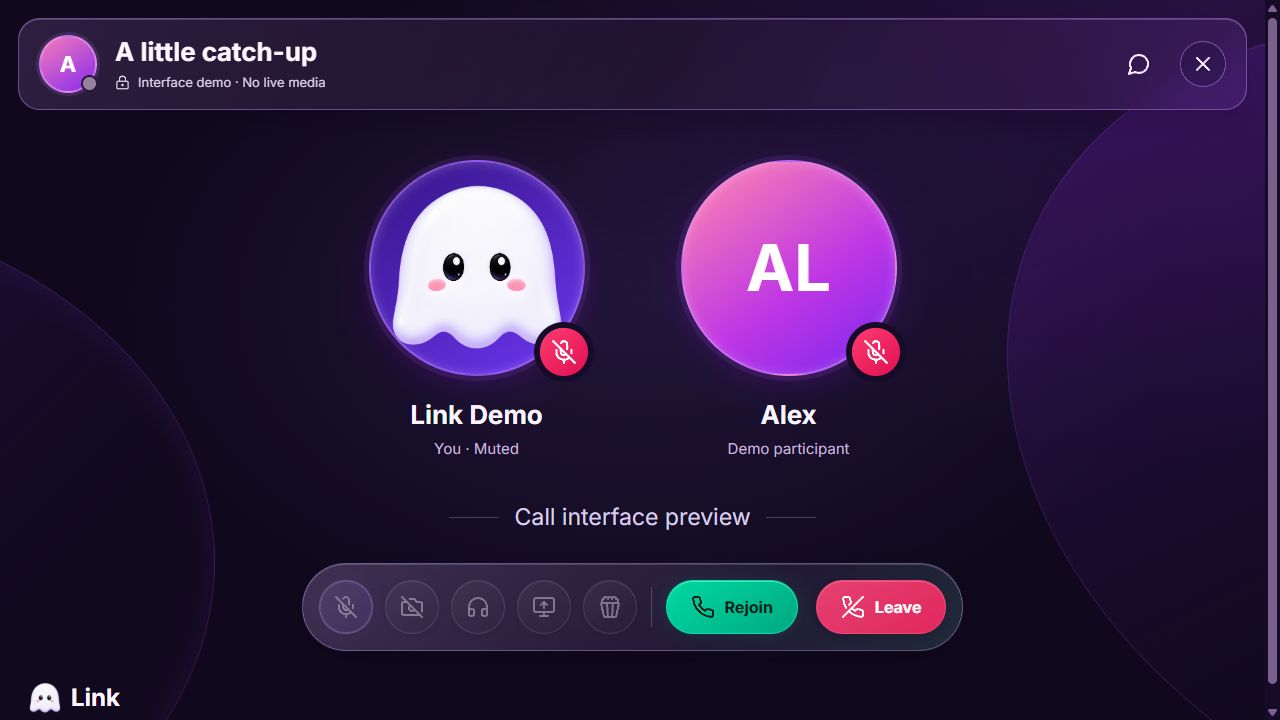Link’s call interface with participant avatars, mute indicators, and controls, shown in a demo state