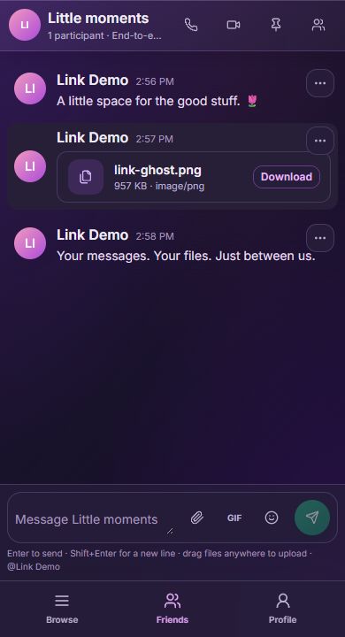 Link in a mobile browser, with sample encrypted messages and a shared file