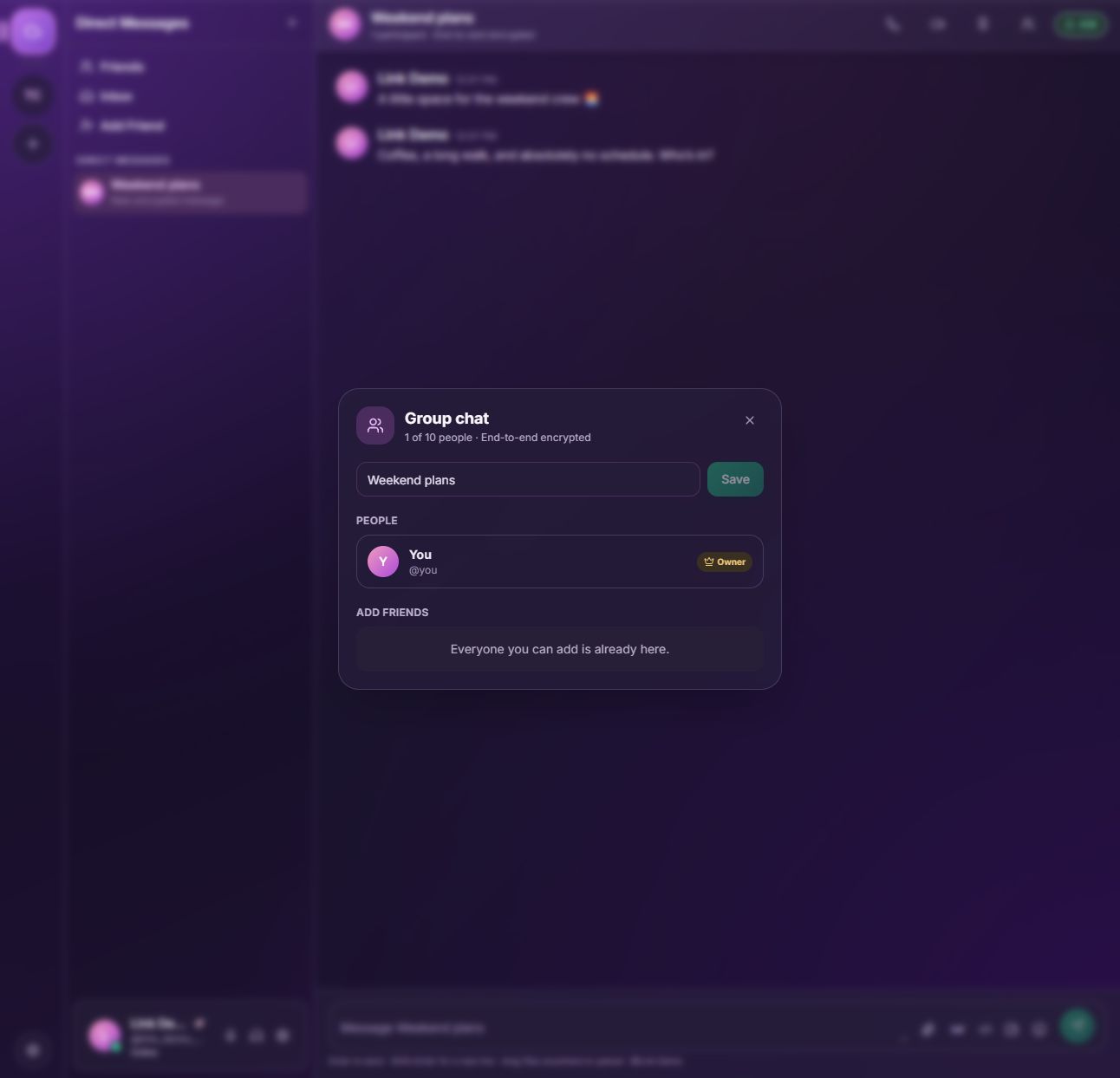 Group chat settings for renaming the chat and managing members, shown with a demo account.